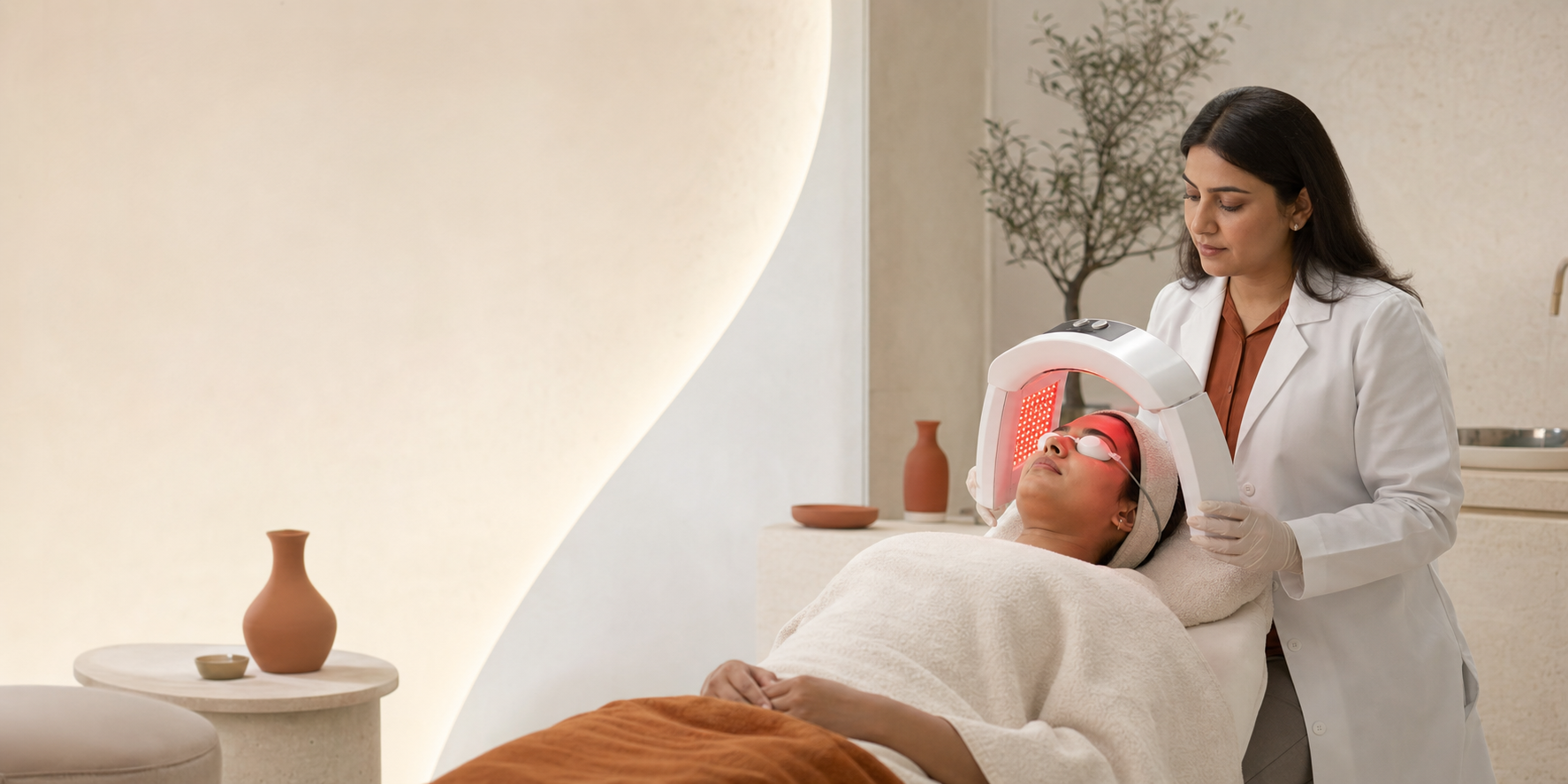 Doctor supervising a non-invasive LED skin treatment
