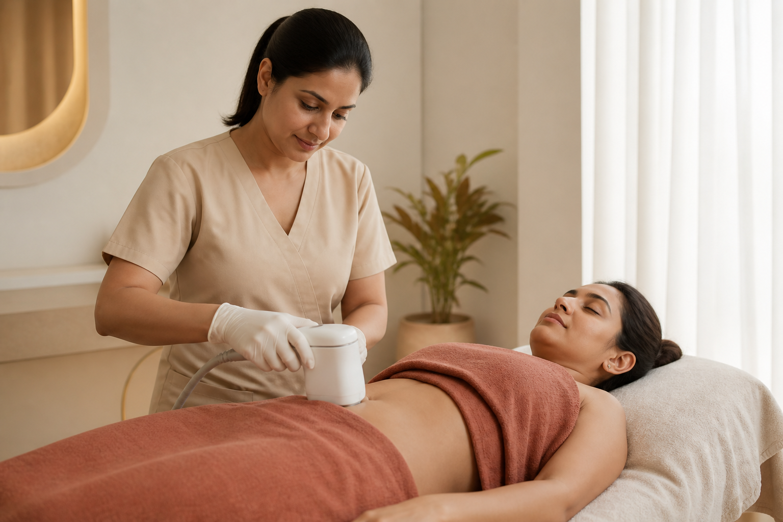 Doctor supervising a body-contouring energy treatment