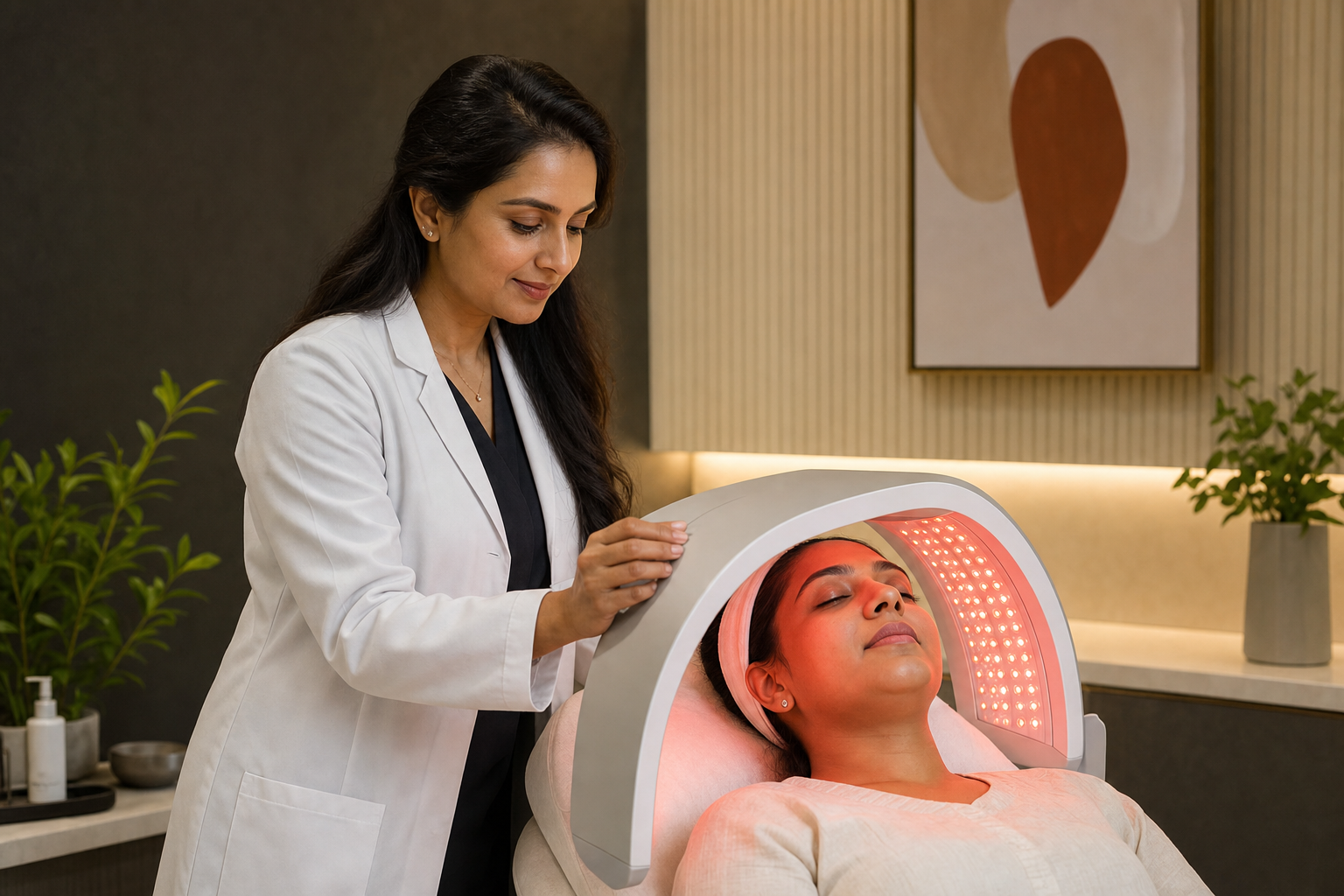 Doctor supervising a considered in-clinic skin treatment