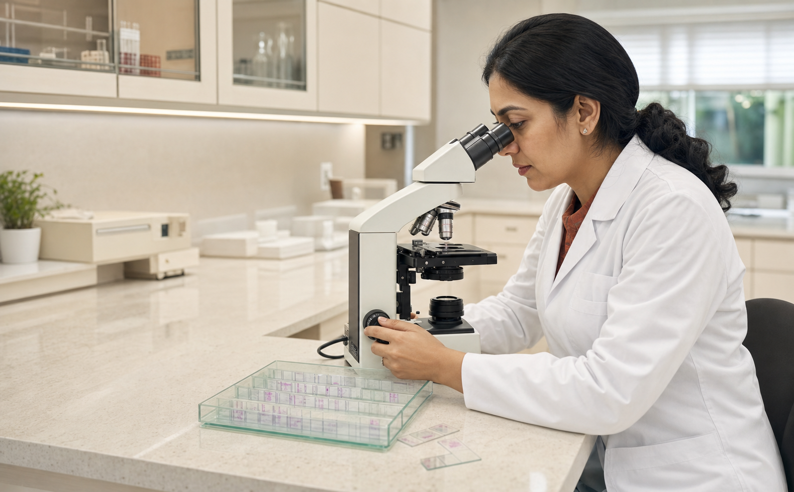 Dermatopathologist examining prepared tissue slides through a microscope
