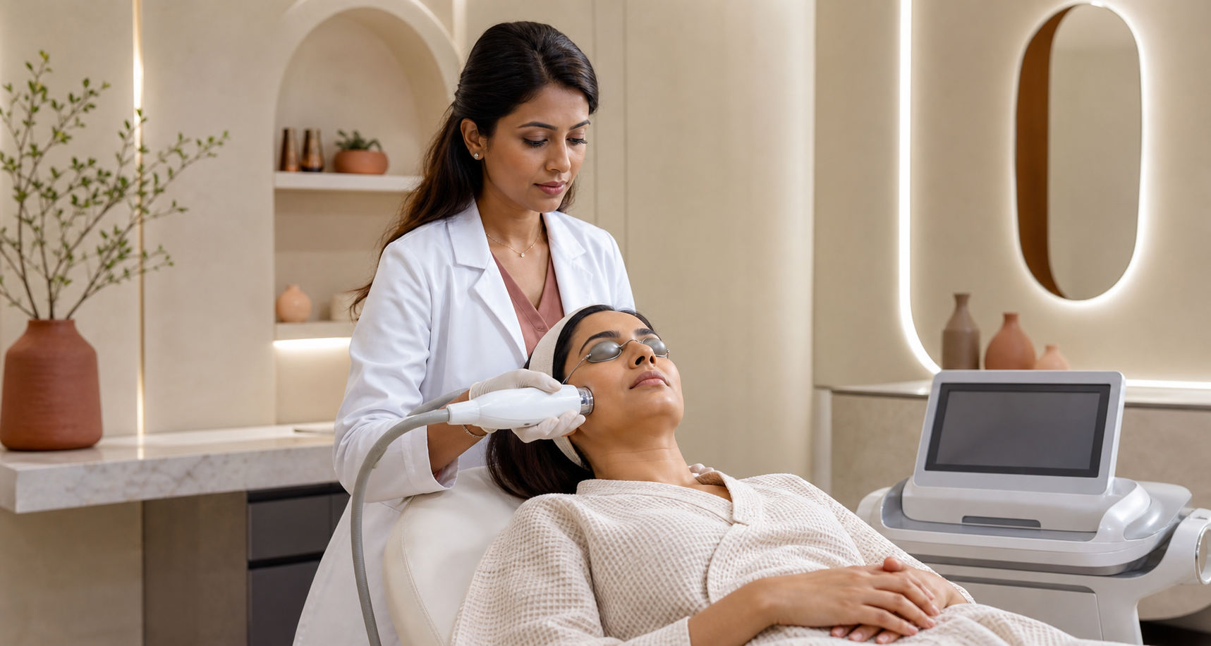 Dermatologist supervising a non-invasive energy-based skin treatment