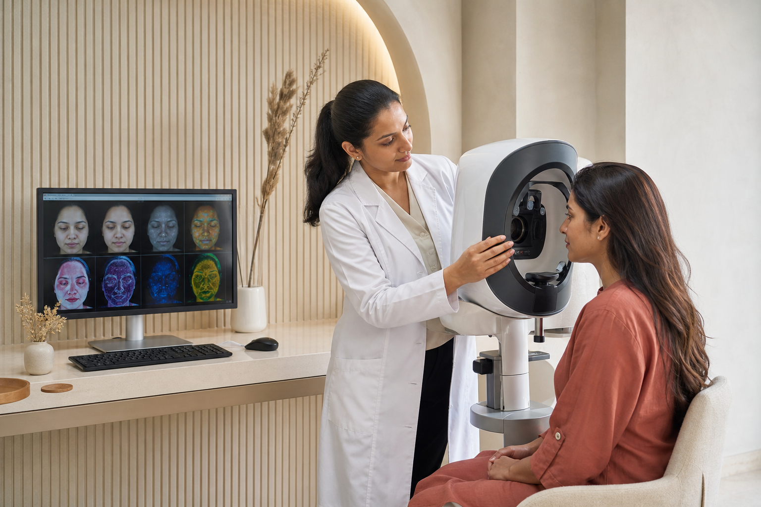 Dermatologist conducting a digital facial skin assessment