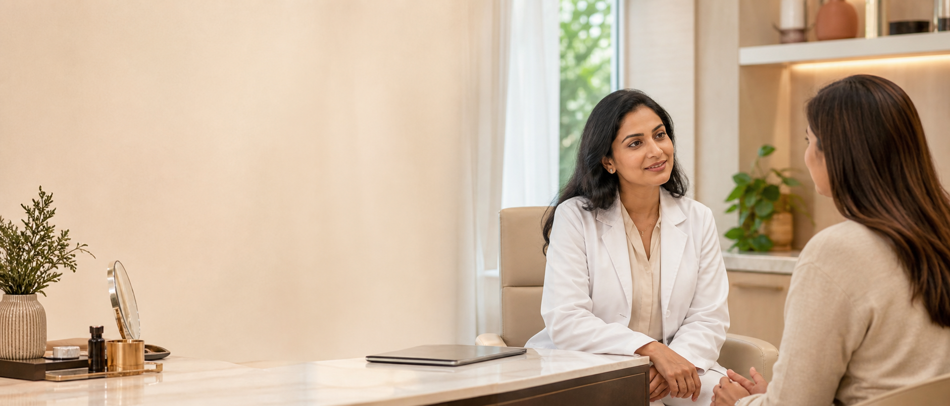 Dermatologist listening attentively to a patient in a warm consultation room