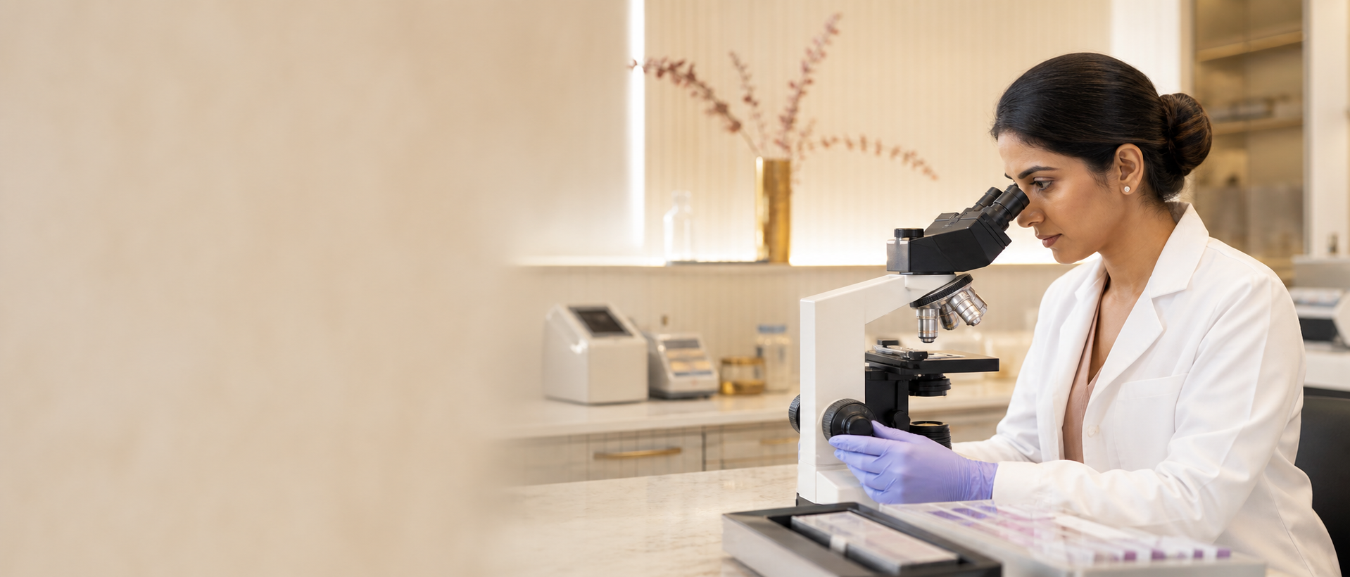 Dermatopathologist examining a prepared tissue slide through a microscope in a modern clinical laboratory