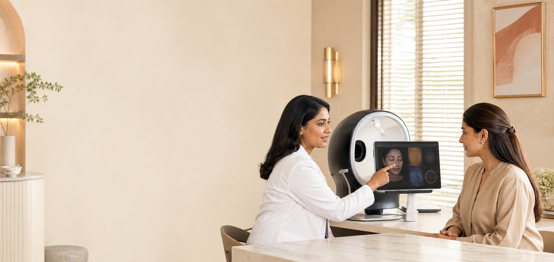Dermatologist explaining digital skin analysis results to a patient in a modern consultation room