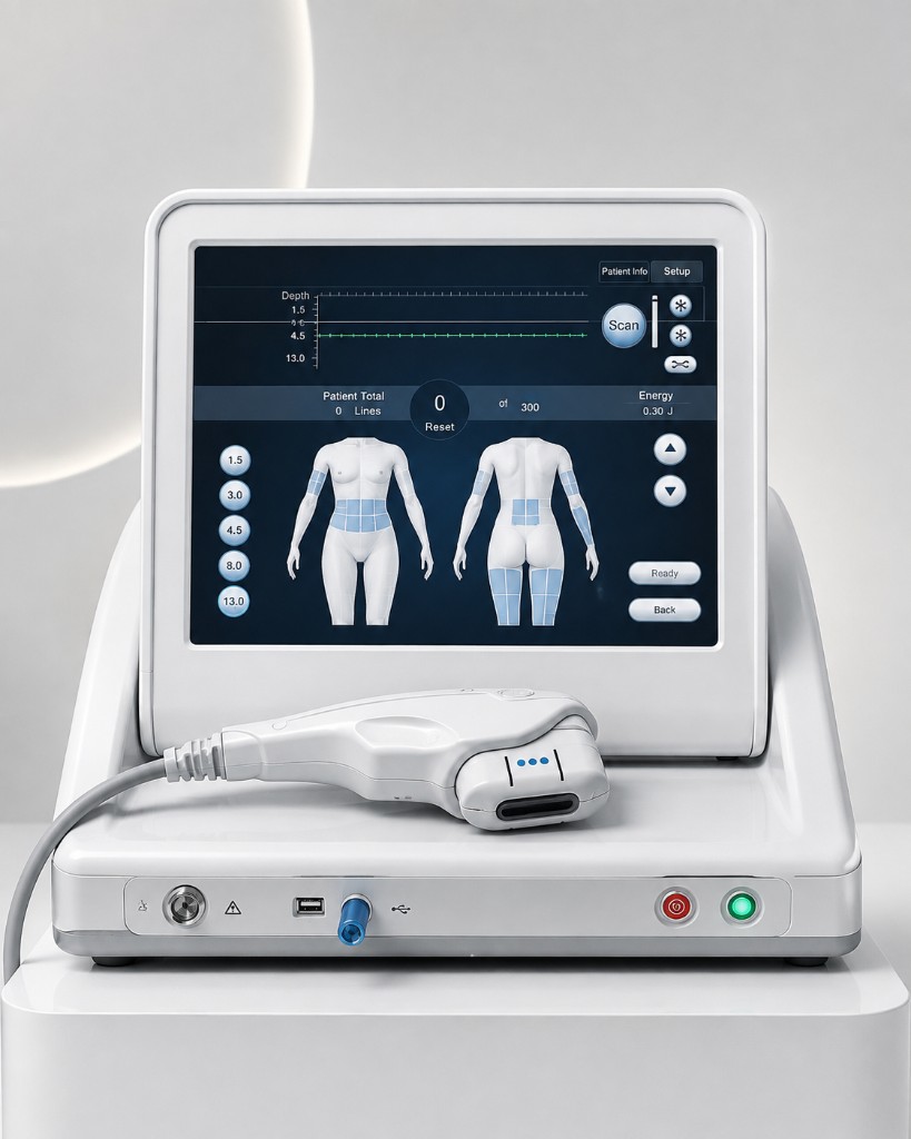 HIFU body console showing anatomical treatment mapping